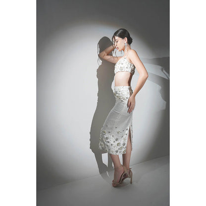 Realm By Vaishali Charlotte White Floral Sequin Embellished Bralette with Skirt (Set of 2)