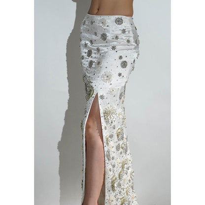 Realm By Vaishali Charlotte White Floral Sequin Embellished Maxi Skirt