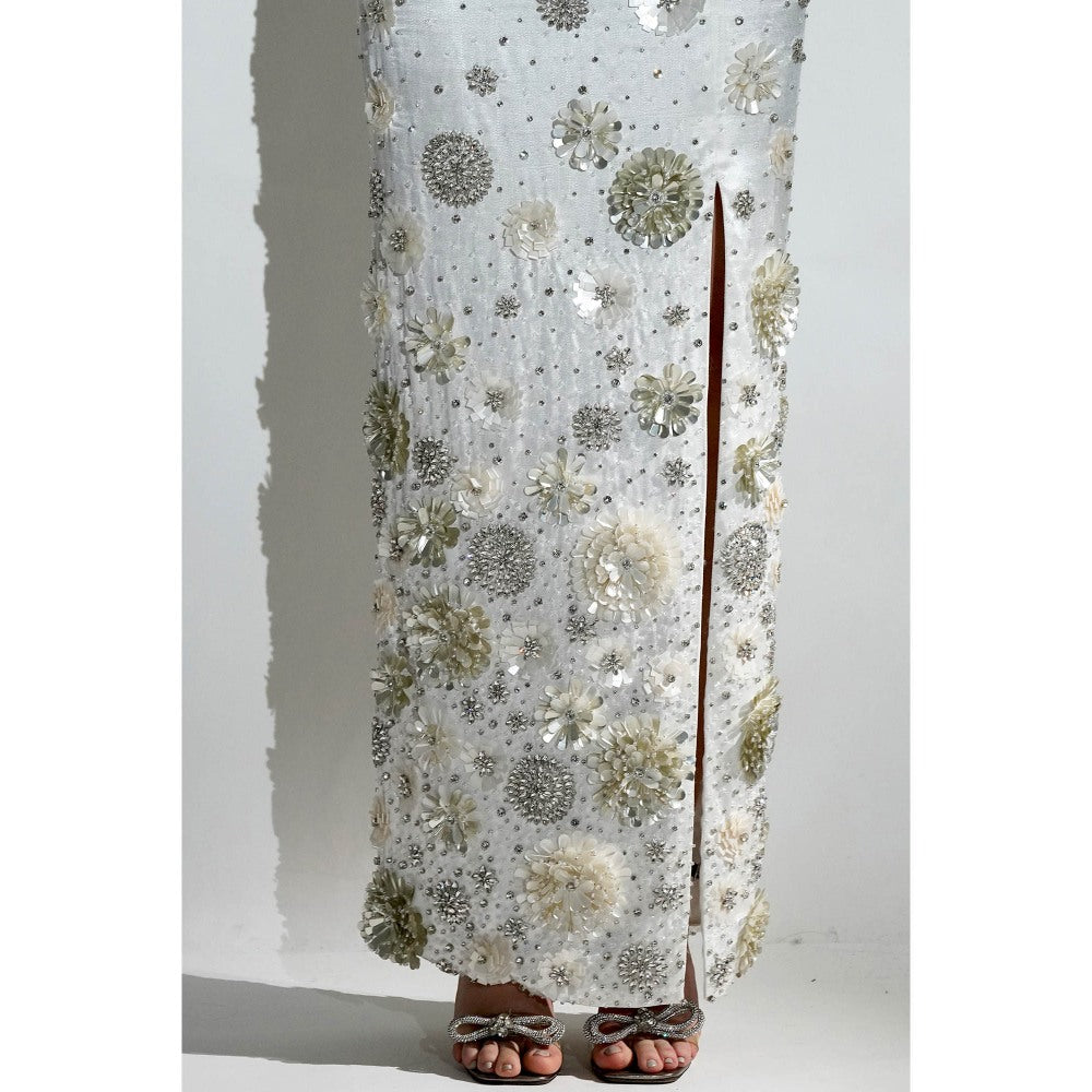 Realm By Vaishali Charlotte White Floral Sequin Embellished Maxi Skirt