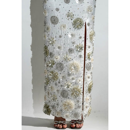 Realm By Vaishali Charlotte White Floral Sequin Embellished Maxi Skirt