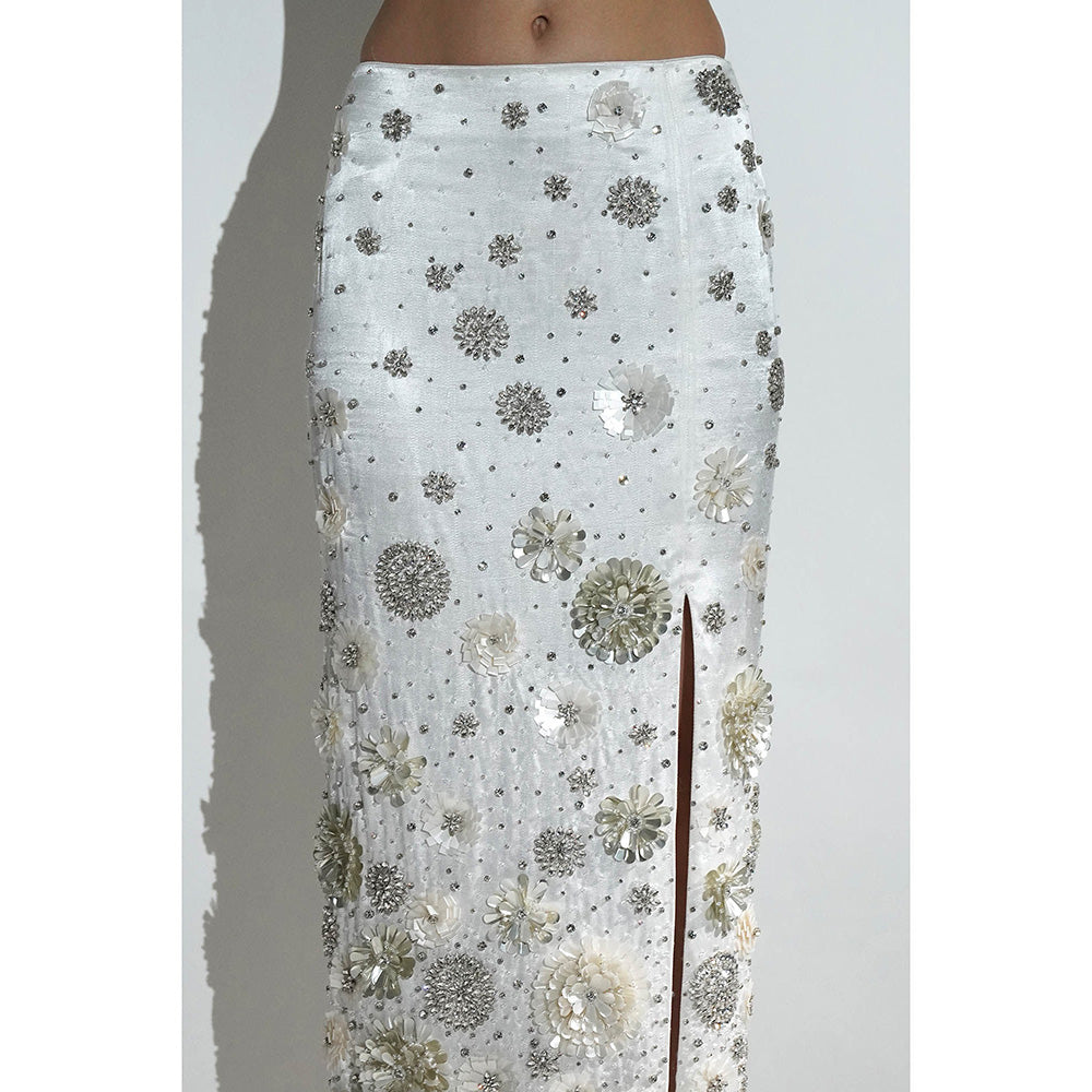 Realm By Vaishali Charlotte White Floral Sequin Embellished Maxi Skirt