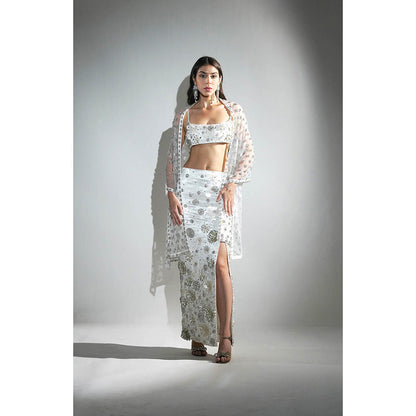 Realm By Vaishali Charlotte White Embellished Bralette with Skirt and Cape (Set of 3)