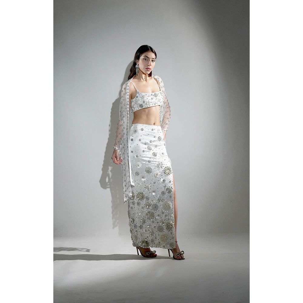 Realm By Vaishali Charlotte White Embellished Bralette with Skirt and Cape (Set of 3)