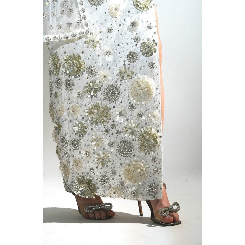 Realm By Vaishali Charlotte White Embellished Bralette with Skirt and Cape (Set of 3)