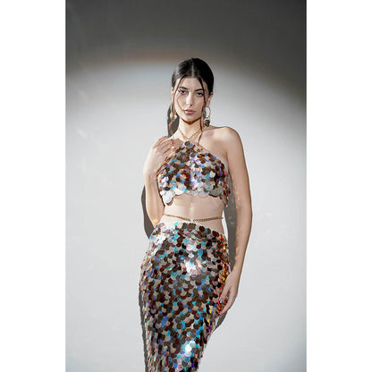 Realm By Vaishali Multi-Colour Isla Metallic Sequin Halter Bralette with Skirt (Set of 2)