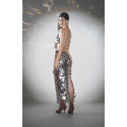 Realm By Vaishali Multi-Colour Isla Metallic Sequin Halter Bralette with Skirt (Set of 2)