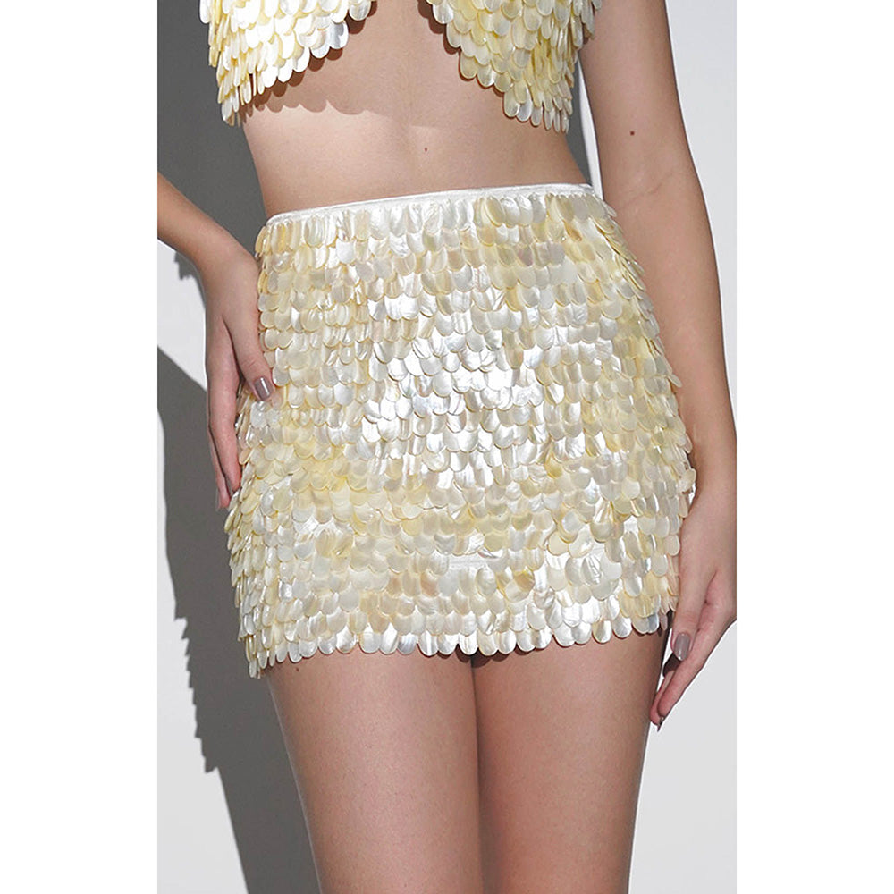 Realm By Vaishali Alana Yellow Pearls Embellished Mini Skirt