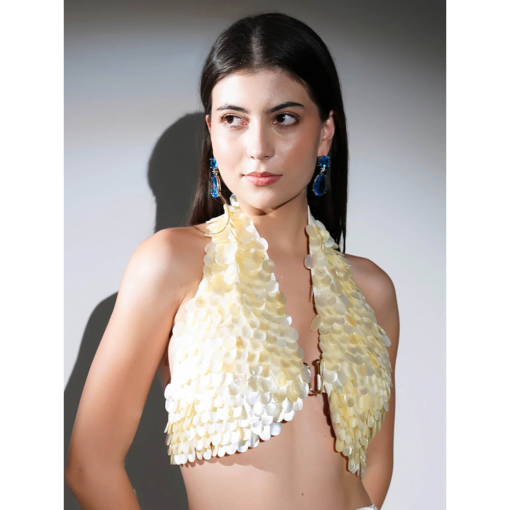 Realm By Vaishali Alana Yellow Pearls Embellished Bralette with Skirt (Set of 2)