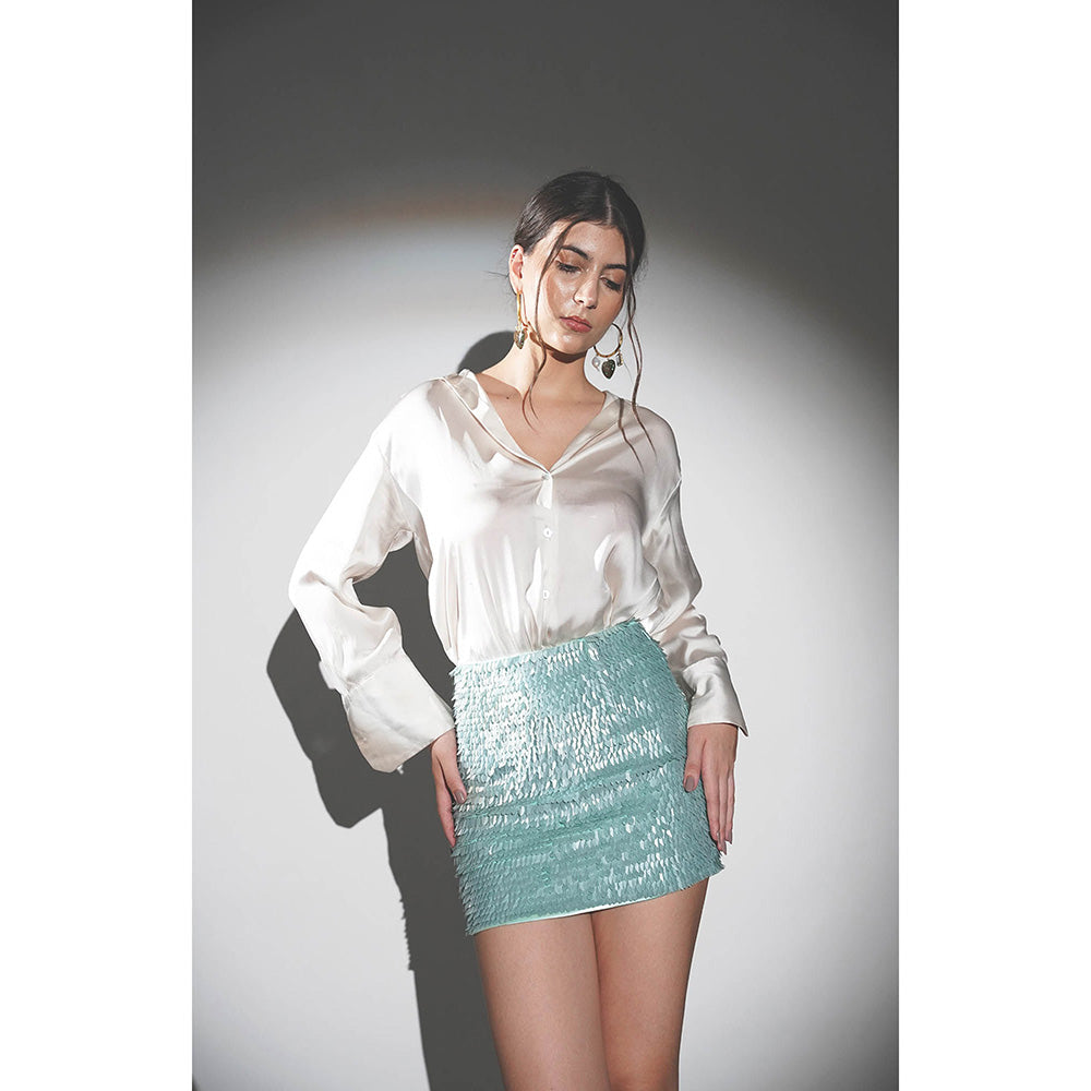 Realm By Vaishali Pearl Aqua Blue Sequin Embellished Cocktail Mini Skirt