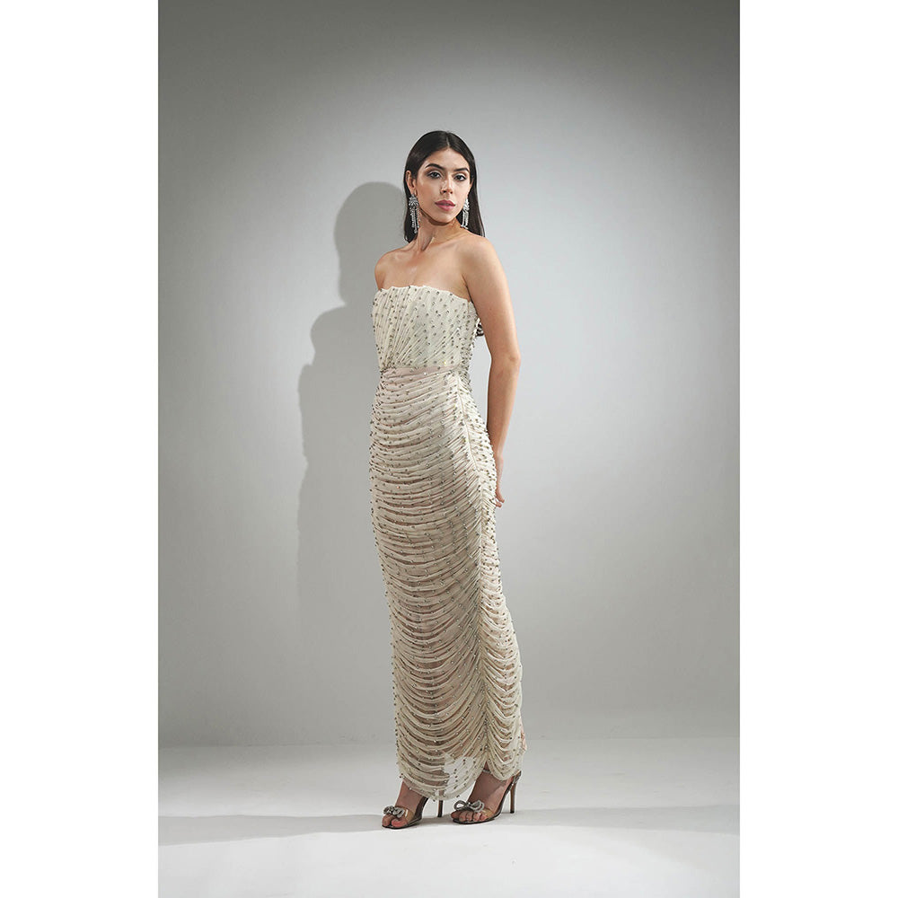 Realm By Vaishali Delilah Off White Crystal Embellished Maxi Drape Dress