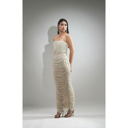 Realm By Vaishali Delilah Off White Crystal Embellished Maxi Drape Dress