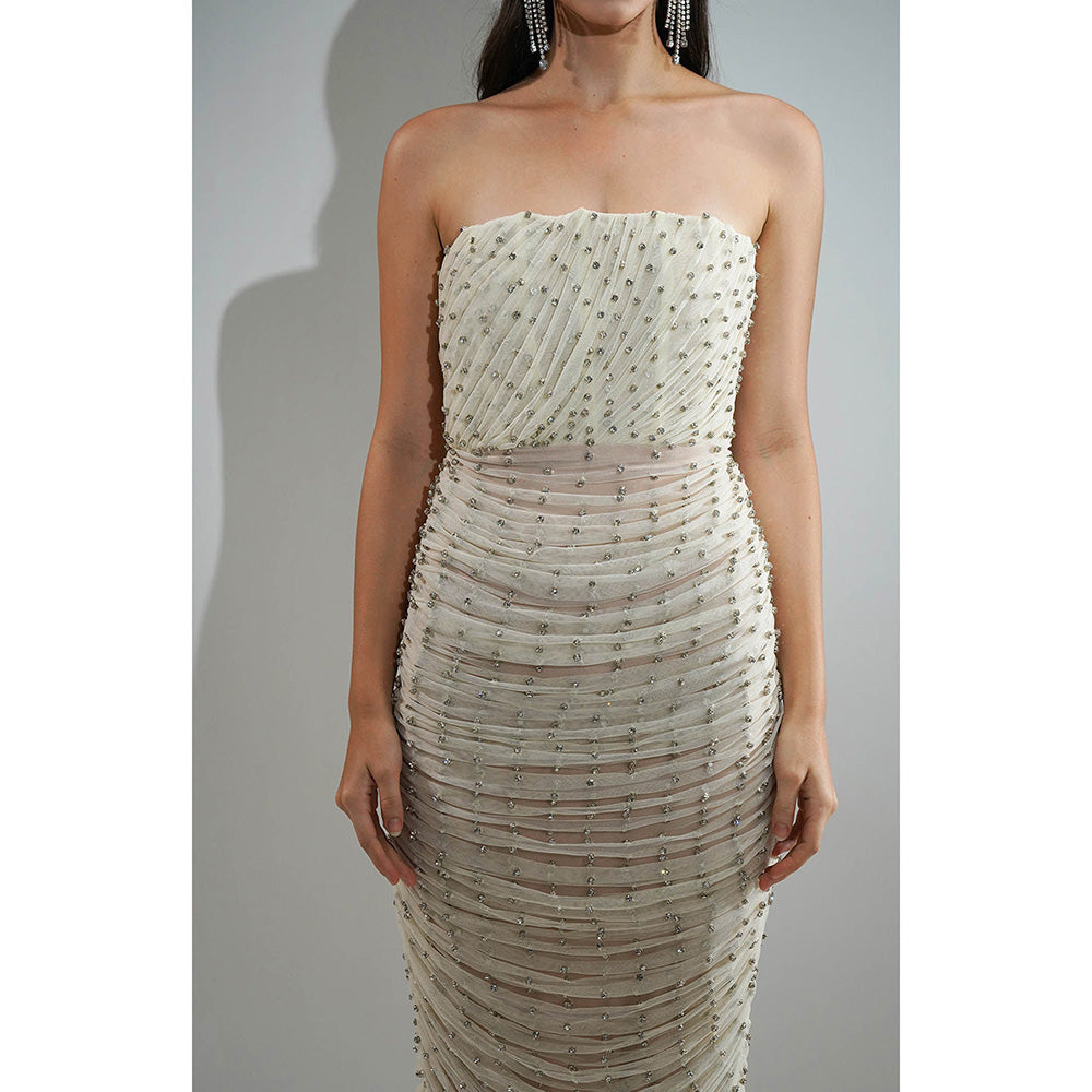 Realm By Vaishali Delilah Off White Crystal Embellished Maxi Drape Dress