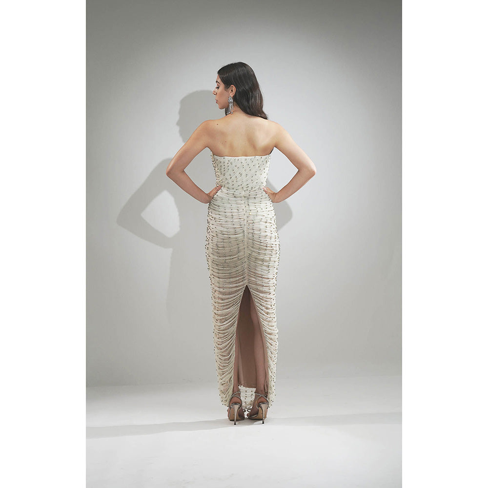 Realm By Vaishali Delilah Off White Crystal Embellished Maxi Drape Dress