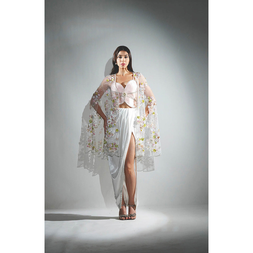 Realm By Vaishali Embroidery Salmon Peach Crop Top with Skirt and Cape (Set of 3)