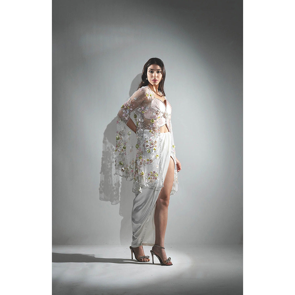 Realm By Vaishali Embroidery Salmon Peach Crop Top with Skirt and Cape (Set of 3)