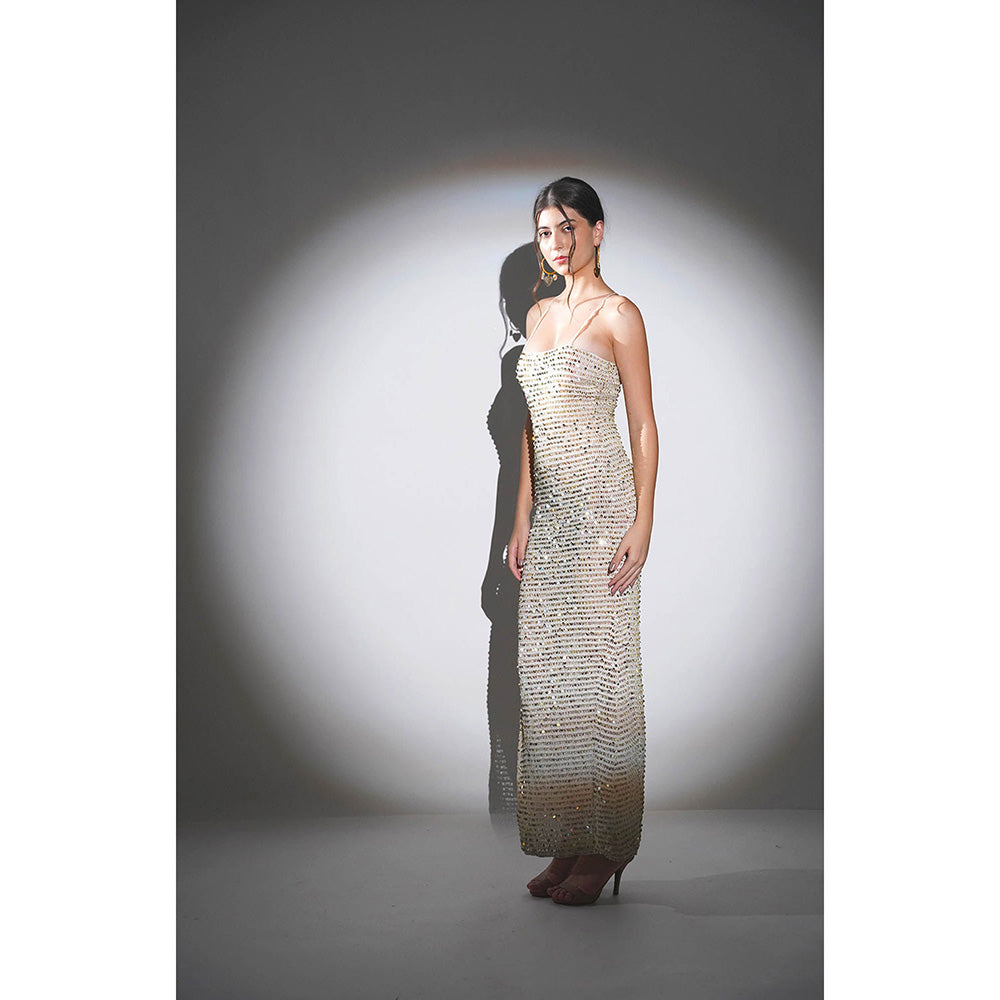 Realm By Vaishali Aria Off White Golden Sequin Crochet Maxi Dress