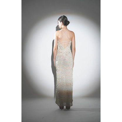 Realm By Vaishali Aria Off White Golden Sequin Crochet Maxi Dress