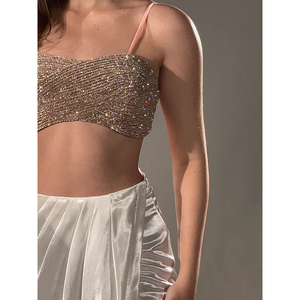 Realm By Vaishali Women Rose Gold Linen Blend Embellished Bralette with Skirt (Set of 2)