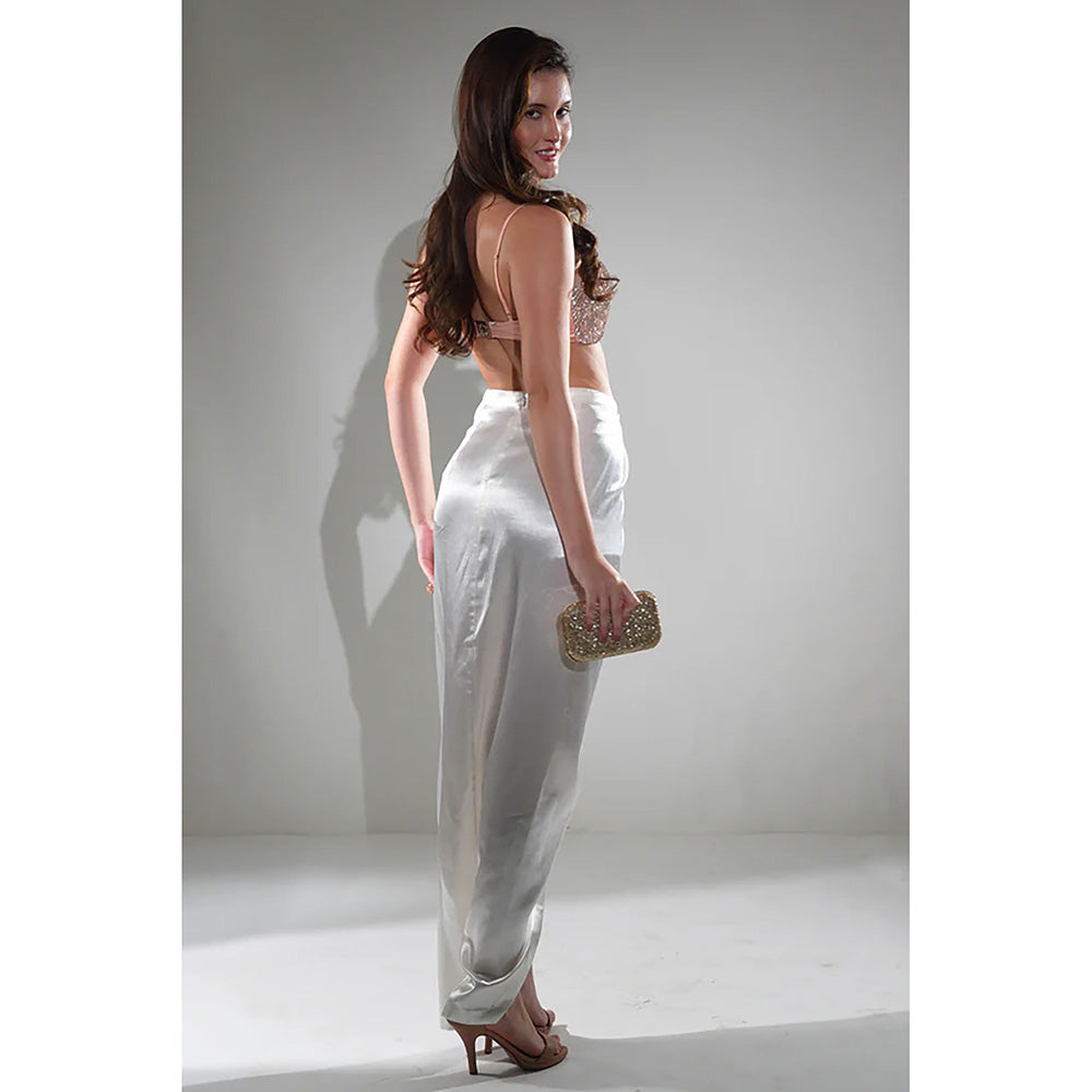 Realm By Vaishali Women Rose Gold Linen Blend Embellished Bralette with Skirt (Set of 2)