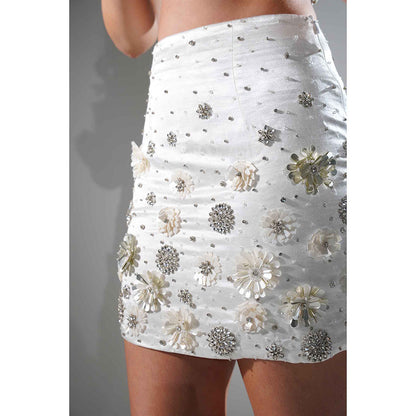 Realm By Vaishali Charlotte White Floral Sequin Embellished Mini Skirt