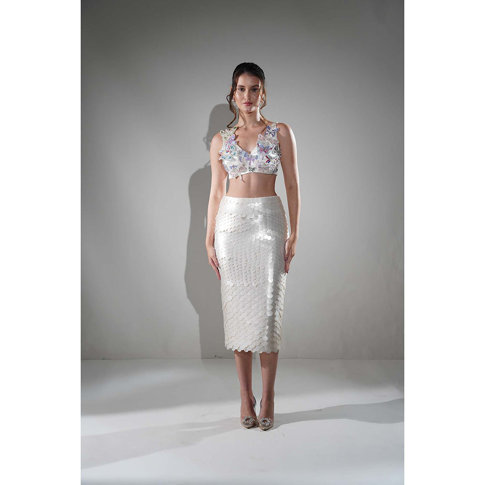 Realm By Vaishali Hailey Pearl White Sequin Embellished Midi Skirt with Bustier (Set of 2)