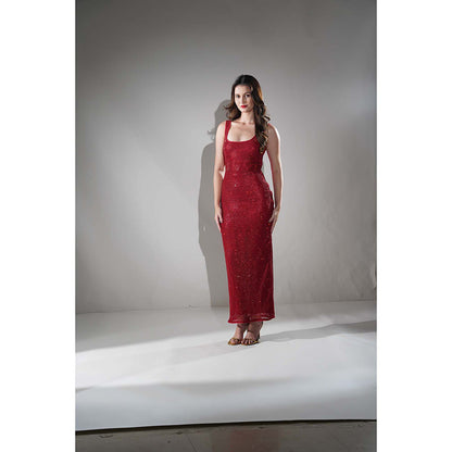 Realm By Vaishali Midnight Red Chainmail Metallic Maxi Dress