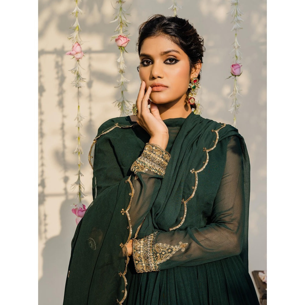 Redpine Designs Bottle Green Embroidered Anarkali with Dupatta and Belt (Set of 3)