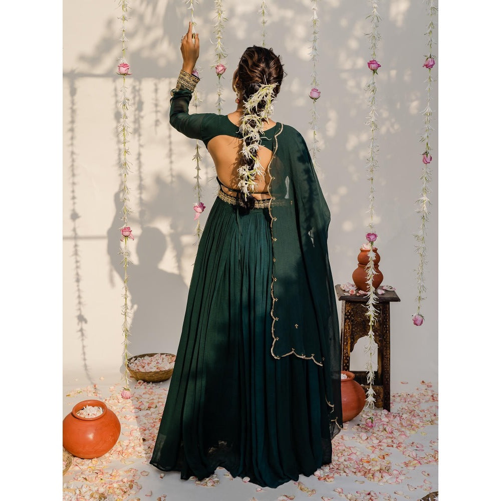 Redpine Designs Bottle Green Embroidered Anarkali with Dupatta and Belt (Set of 3)