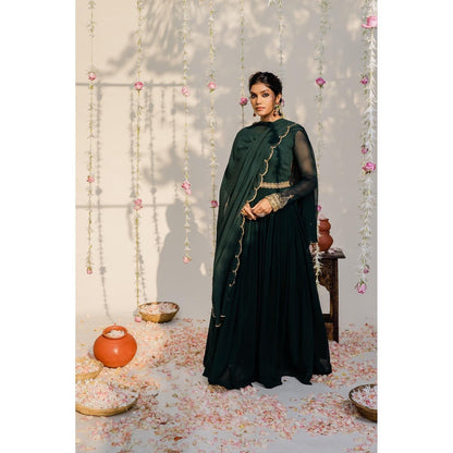 Redpine Designs Bottle Green Embroidered Anarkali with Dupatta and Belt (Set of 3)