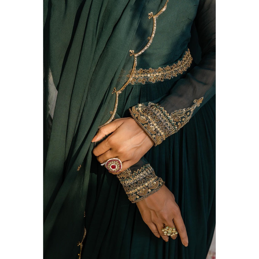 Redpine Designs Bottle Green Embroidered Anarkali with Dupatta and Belt (Set of 3)