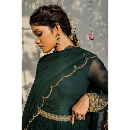 Redpine Designs Bottle Green Embroidered Anarkali with Dupatta and Belt (Set of 3)
