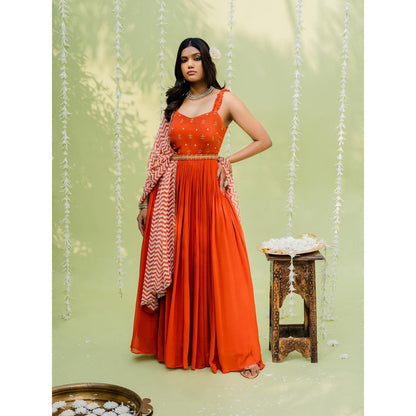 Redpine Designs Orange Embroidered Anarkali with Dupatta and Belt (Set of 3)