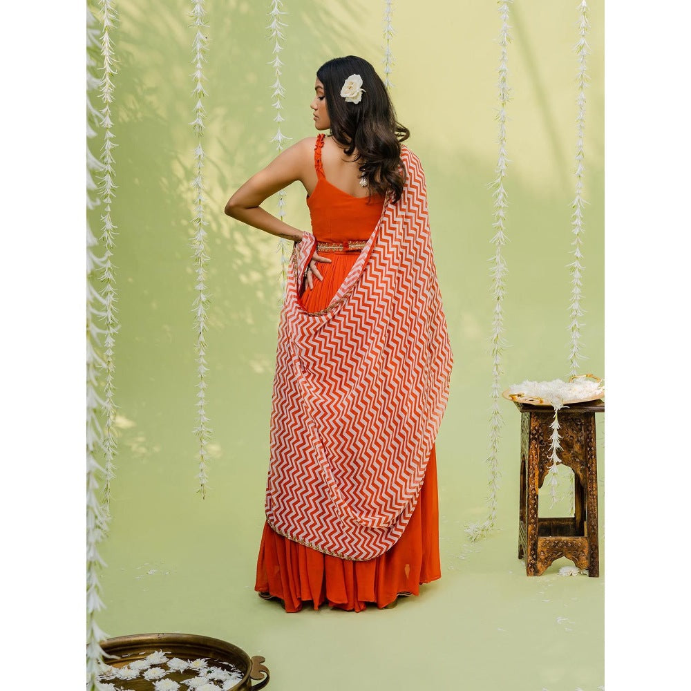 Redpine Designs Orange Embroidered Anarkali with Dupatta and Belt (Set of 3)