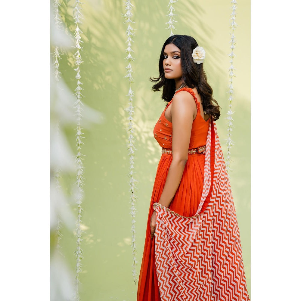 Redpine Designs Orange Embroidered Anarkali with Dupatta and Belt (Set of 3)