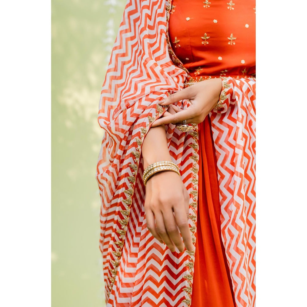 Redpine Designs Orange Embroidered Anarkali with Dupatta and Belt (Set of 3)