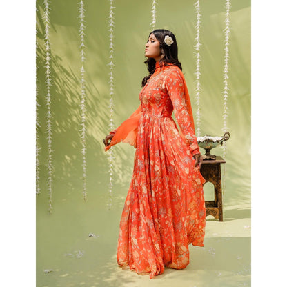 Redpine Designs Orange Embroidered Anarkali with Dupatta (Set of 2)