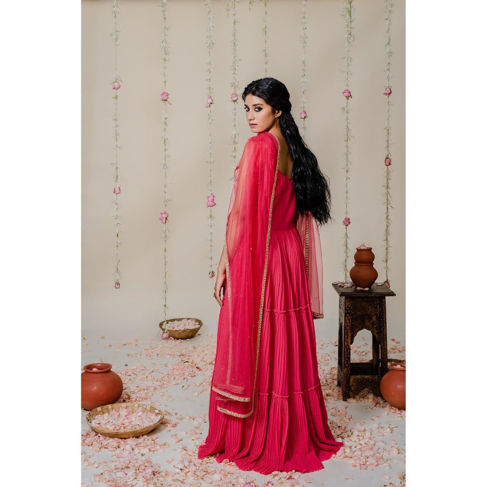 Redpine Designs Pink Pleated Mirror Anarkali with Dupatta (Set of 2)