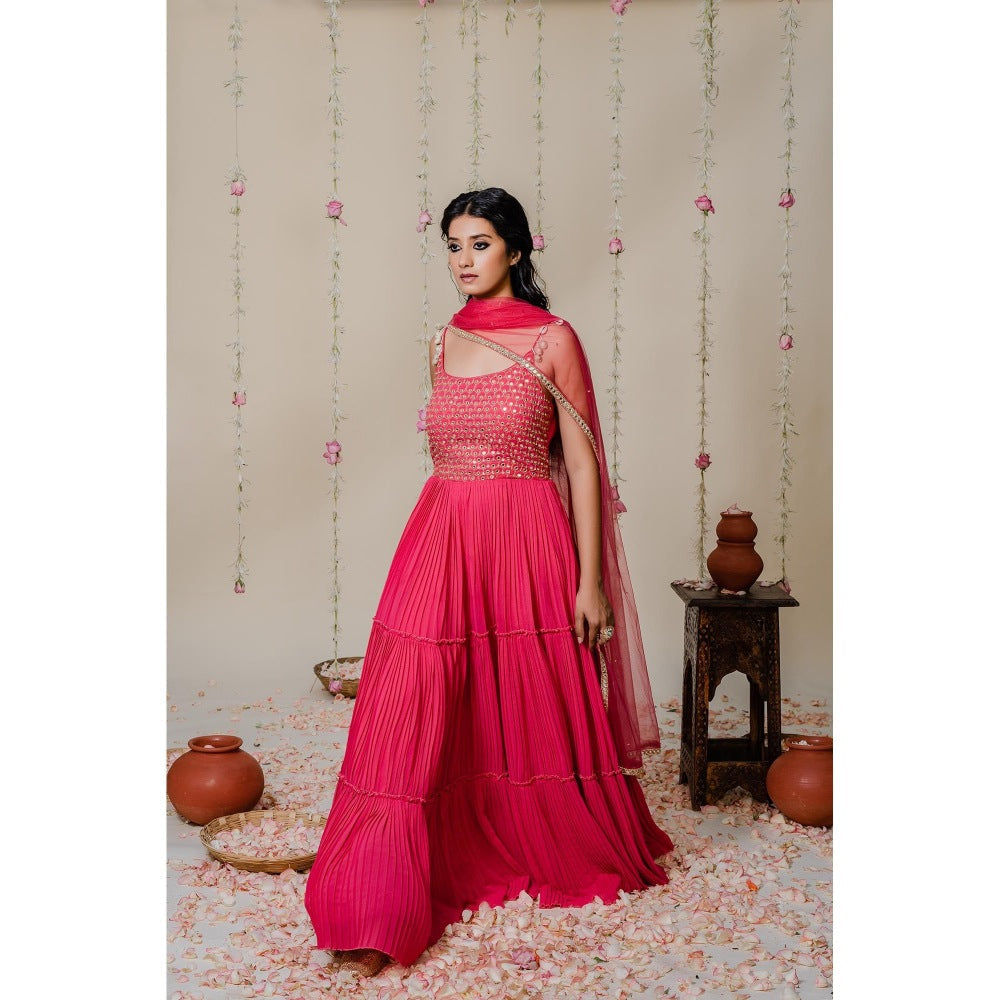 Redpine Designs Pink Pleated Mirror Anarkali with Dupatta (Set of 2)