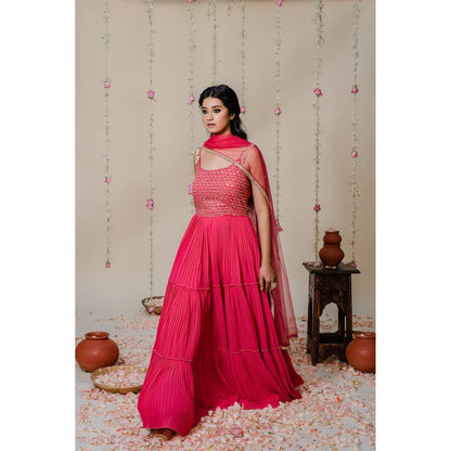 Redpine Designs Pink Pleated Mirror Anarkali with Dupatta (Set of 2)