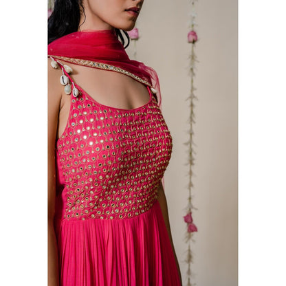 Redpine Designs Pink Pleated Mirror Anarkali with Dupatta (Set of 2)