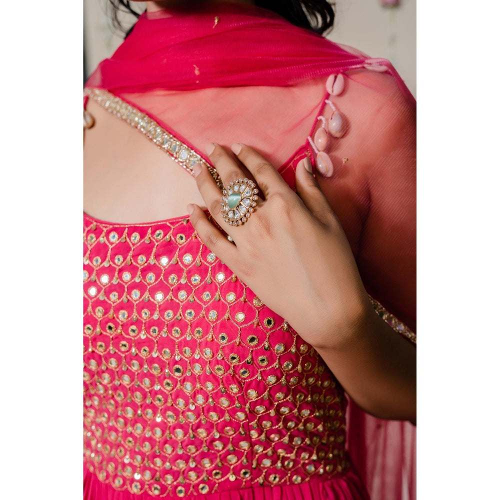 Redpine Designs Pink Pleated Mirror Anarkali with Dupatta (Set of 2)