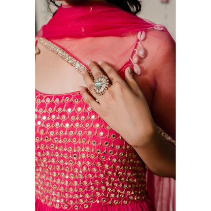 Redpine Designs Pink Pleated Mirror Anarkali with Dupatta (Set of 2)