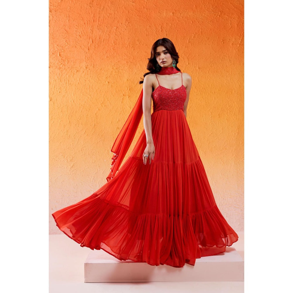 Redpine Designs Scarlet Red Embroidered Anarkali with Dupatta (Set of 2)