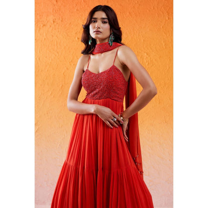 Redpine Designs Scarlet Red Embroidered Anarkali with Dupatta (Set of 2)