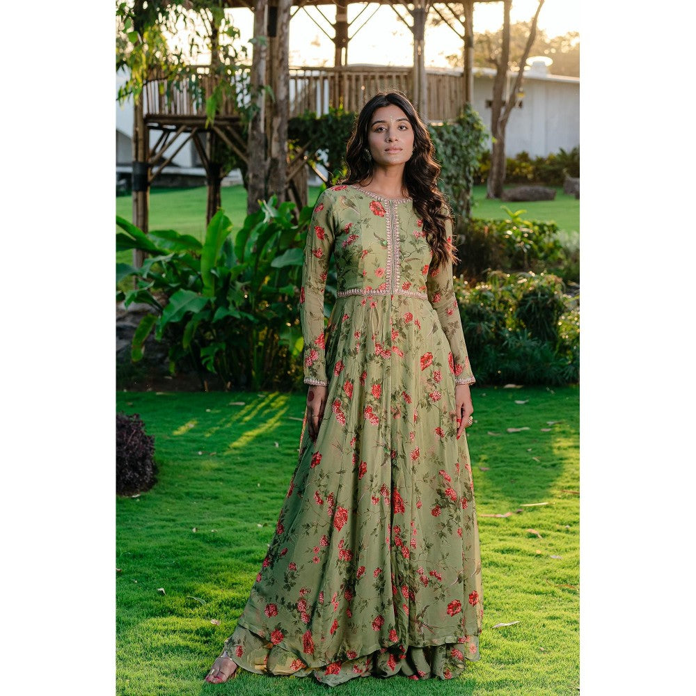 Redpine Designs Pista Green Embroidered & Printed Kurta with Sharara (Set of 2)