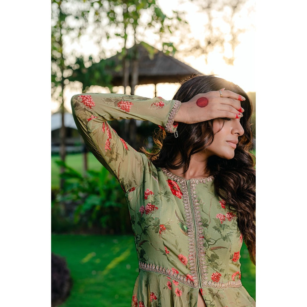 Redpine Designs Pista Green Embroidered & Printed Kurta with Sharara (Set of 2)