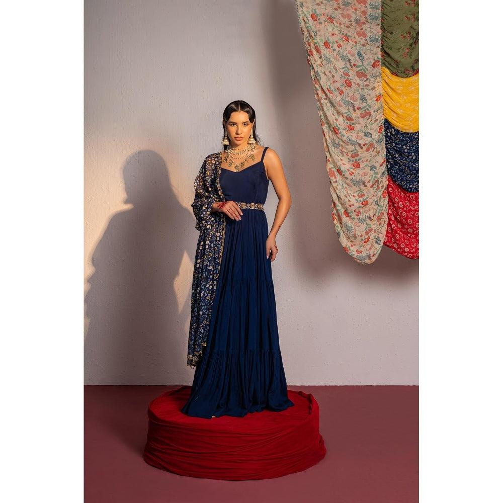 Redpine Designs Royal Blue Printed, Embroidered Anarkali with Dupatta and Belt (Set of 3)