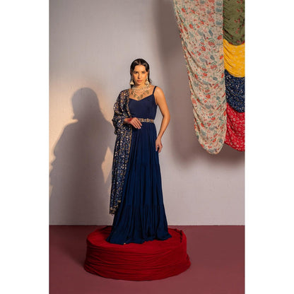 Redpine Designs Royal Blue Printed, Embroidered Anarkali with Dupatta and Belt (Set of 3)