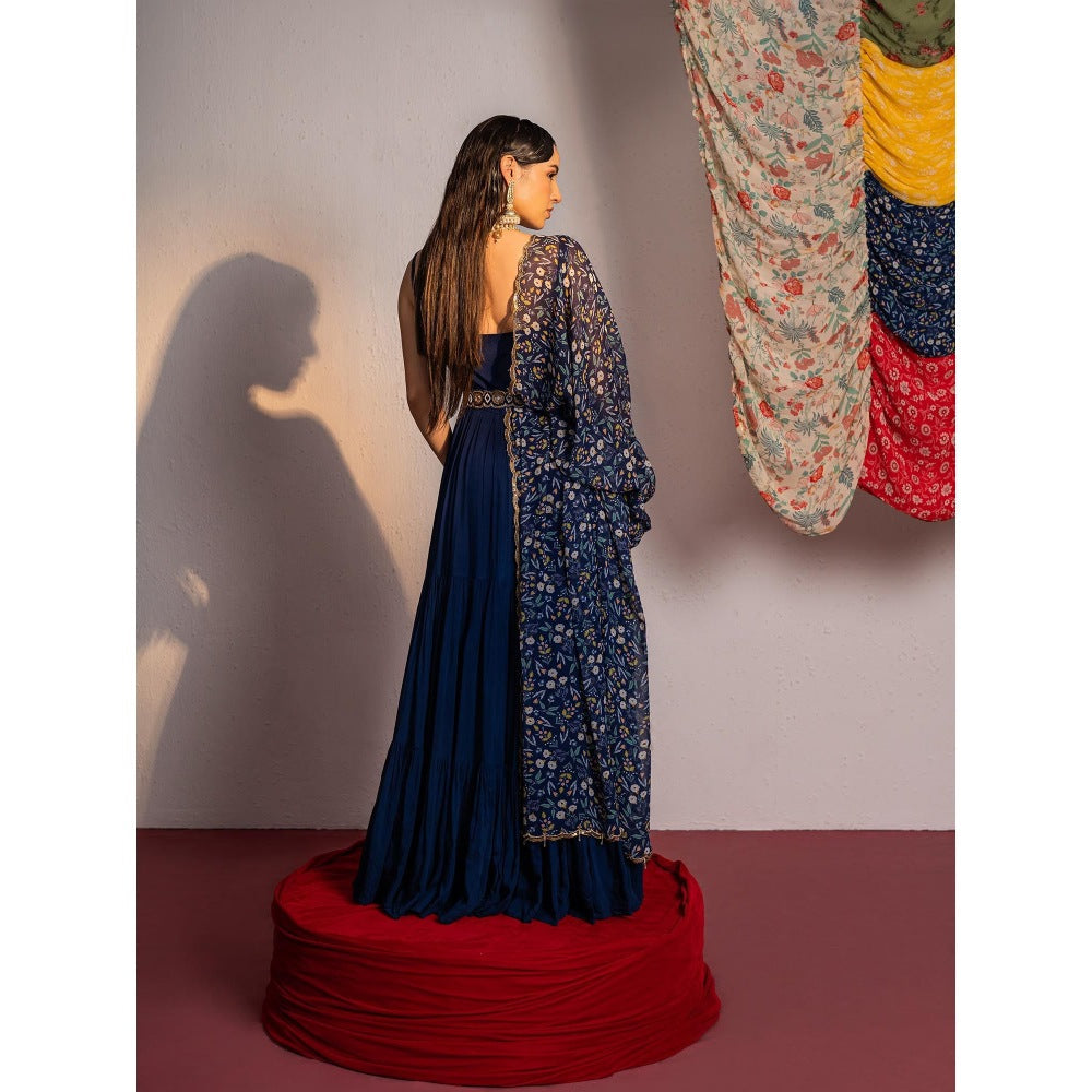 Redpine Designs Royal Blue Printed, Embroidered Anarkali with Dupatta and Belt (Set of 3)