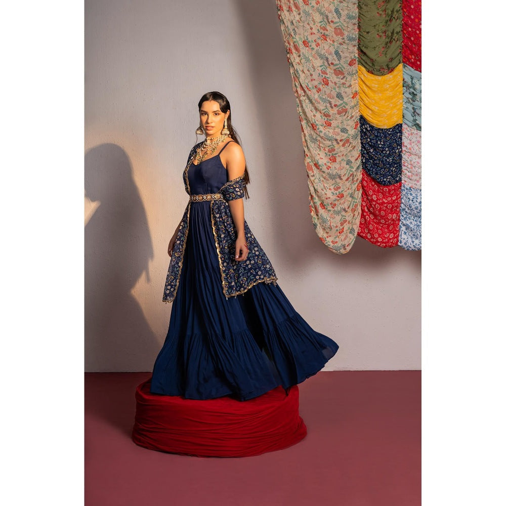 Redpine Designs Royal Blue Printed, Embroidered Anarkali with Dupatta and Belt (Set of 3)